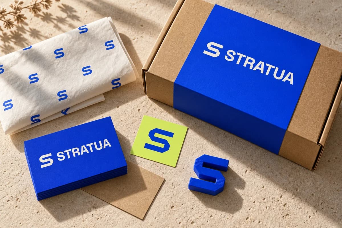 Identitatea STRATUA pe ambalaje și materiale de atelier — simulare vizuală de brand